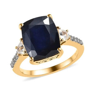 Blue Sapphire & Natural White Zircon Ring 14kt Gold Vermeil